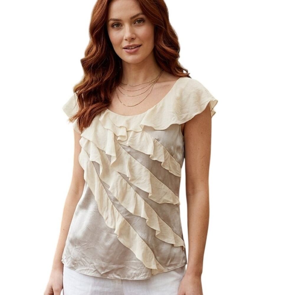 WHBM Silk Stretch Cascading Ruffled Blouse Womens Size 12 Champagne Shell Top